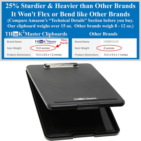 Think2Master Black Plastic Storage Clipboard. | 25% Heavier & 25% Sturdier| Heavy Duty and Won’t Flex or Bend Like Other Brands (Compare The Weight). Storage Compartment Holds 150 Letter Sized Paper. by THINK2MASTER