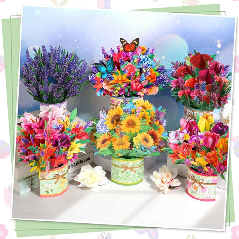 6 Pack 3D Paper Flower Pop Up Cards, Flower Bouquet Card Popup Greeting Cards for Mother's Day, Graduation