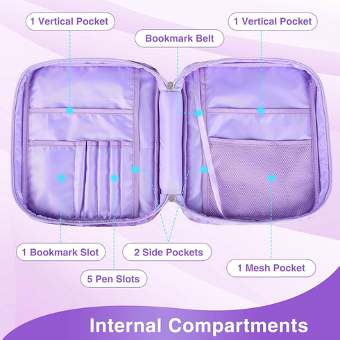 Waterproof Thick Bible Cover Case for Women, Large 11x9x3inch Purple Floral Cover with Strap Pockets