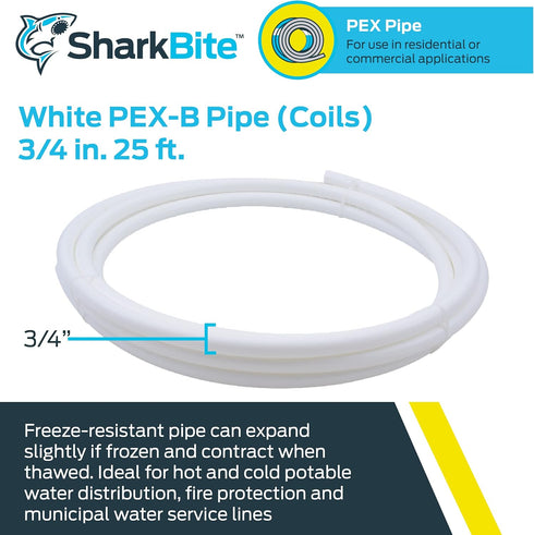 SharkBite 3/4 Inch x 25 Feet White PEX Pipe Flexible Water Tubing for Plumbing, PEX-B, U870W25 by SharkBite