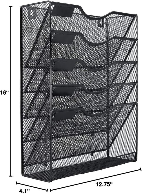 EasyPAG 5 Tier Wall File Organizer, Mesh Hanging File Holder with Bottom Flat Tray, Black