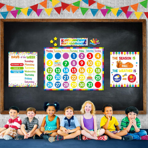 Tenare Calendar Bulletin Board Set, Seasons Weather Chart Display with Stickers for School Classroom Bedroom Decoration