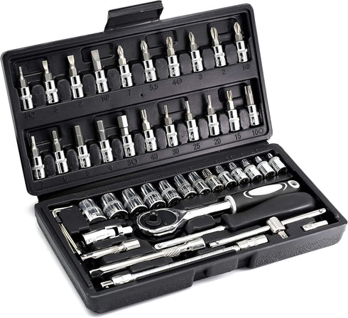 YUFANYA 46PCS 1/4 inch Drive Socket Set, Metric Ratchet Wrench with 4-14mm CR-V Sockets, Mechanic Tool Kits