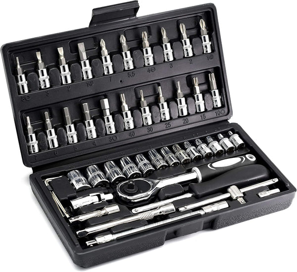 YUFANYA 46PCS 1/4 inch Drive Socket Set, Metric Ratchet Wrench with 4-14mm CR-V Sockets, Mechanic Tool Kits