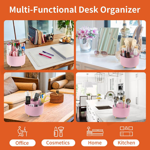 Desk Pencil Pen Holder, 5 Slots 360° Degree Rotating Organizer for Desk, Cute Pencil Cup Pot for Office, Pink