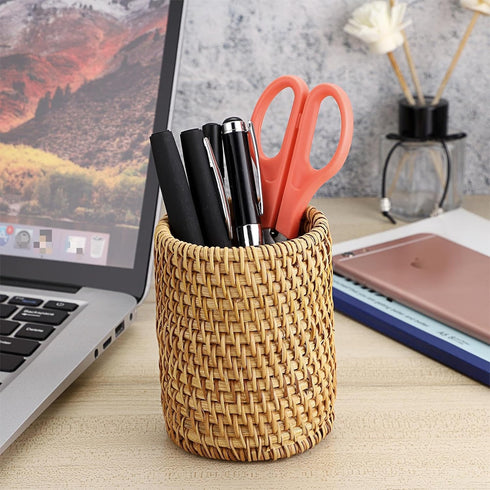 BTSKY Handmade Rattan Pen Cup, Multi-Functional Woven Basket, Desk Pencil Holders, Makeup Brush Holder, Office & Home