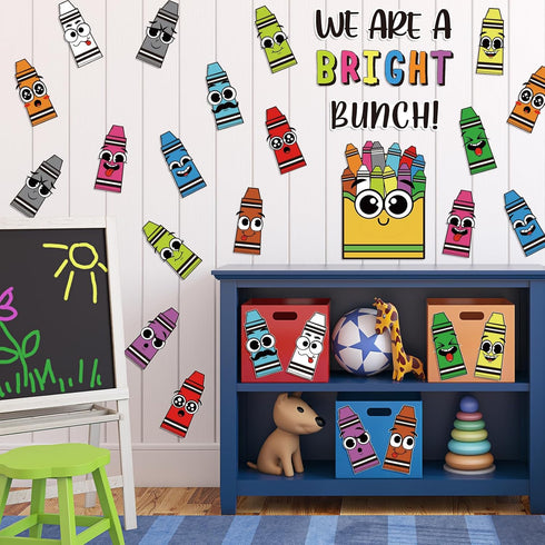 Set 47Pcs JarThenaAMCS Back to School Crayon Bulletin Board Colorful Crayon Shape Paper Cutouts with Glue Points We are