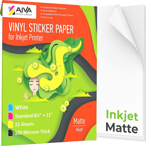Printable Vinyl Sticker Paper for Inkjet Printer - Matte White, 15 Self-Adhesive Sheets, Waterproof