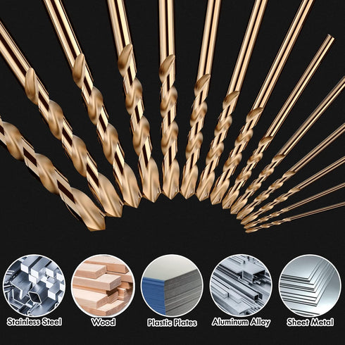 3/8" Cobalt Drill Bit Set (5pcs), M35 High Speed Steel Jobber Length Kit for Metal, Wood, and Plastic with Case