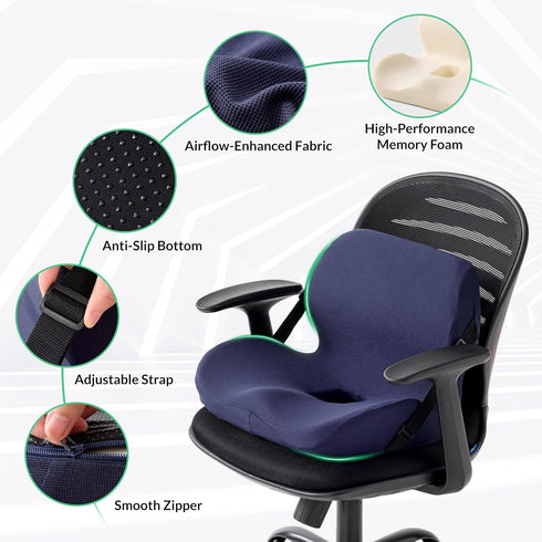FuturaLoom Ergonomic Seat Cushion for Sciatica Relief & Long Driving - Memory Foam Back Support with Adjustable Strap