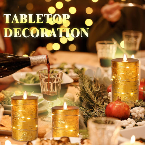 11-Button 24-Hour Da by Gold Flameless Candle, Battery-Powered Candle with Recessed String Light, LED Candle