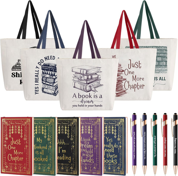 Fulmoon 5 Set Book Lovers Gifts, Includes Book Tote Bag, Notebooks, and Ballpoint Pens for Teacher Appreciation