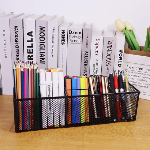 Black Mesh Pen Pencil Holder, Small Metal Desk Organizer with 5 Compartments for Office Supplies, Home, School,