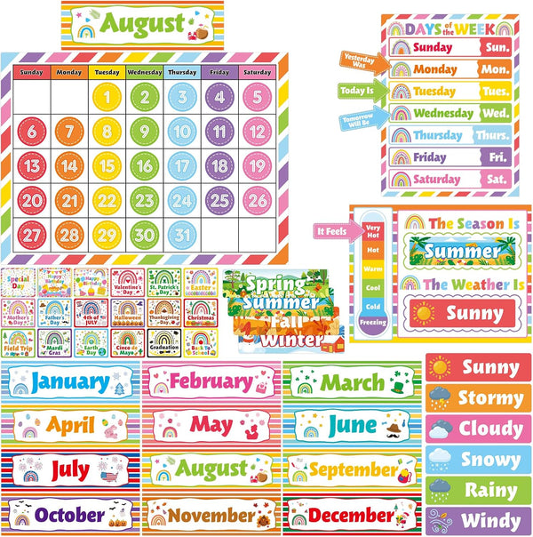 Rainbow Classroom Calendar Bulletin Board Set, Seasons Weather Days of the Week Chart for Colorful Decor