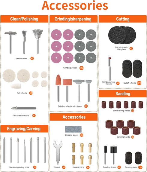 HARDELL 227pcs Rotary Tool Accessories Kit, 1/8"(3.2mm) Diameter Shanks, Universal Fitment for Cutting, Polishing,