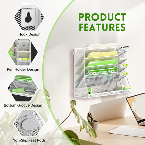 SUPEASY Wall File Organizer, 5-Tier Desk Organizer with 4 Pen Holders, R-shaped Bottom Tray for Office Supplies, White