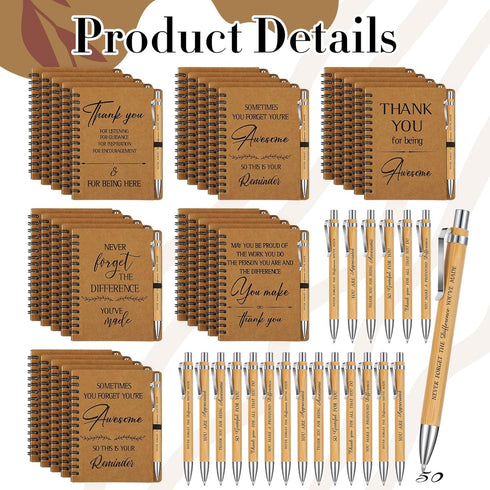 Glenmal 120 Pcs Thank You Gift Set - Spiral Inspirational Notebooks & Retractable Motivational Pens for Employee