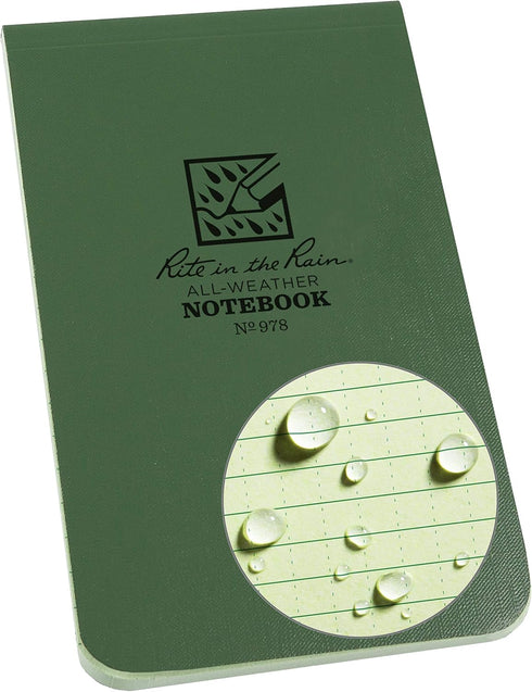 Rite in the Rain Weatherproof Soft Cover Notebook, 3.25" x 5", Green Cover, Top Bound, Universal Pattern (No. 978)
