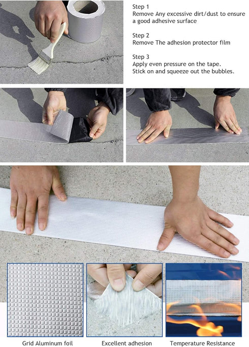 ROSEROSA Professional Waterproof Butyl Rubber Tape, External Aluminium Foil for Roof Leak, Surface Crack, Pipe Rupture