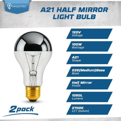 A21 Bulb 100W E26 1025 2700K Bulb Pack 2 OHLECTRIC Half Chrome Light with Base and Lumens of Brightness | Warm White