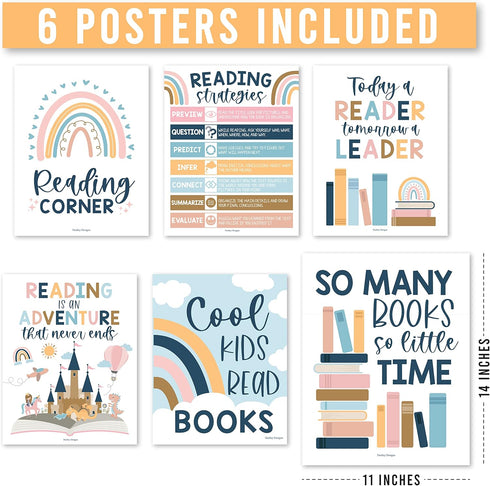 Hadley Designs 6 Reading Strategies Motivational Posters for Classroom, Boho Wall Decor, Read Corner Library Sign