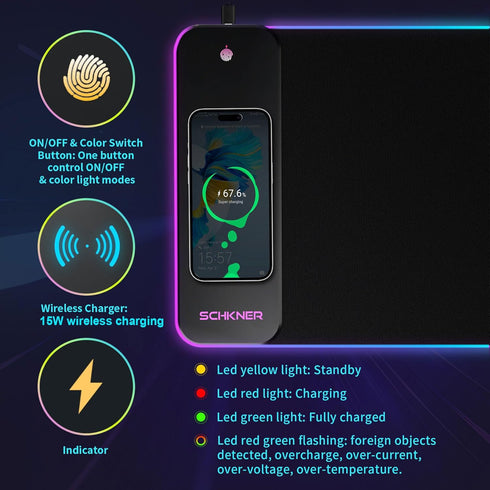 Large RGB Gaming Mouse Pad with Wireless Charging, LED Light, Non-Slip Rubber Base, Waterproof Desk Pad for Home Office