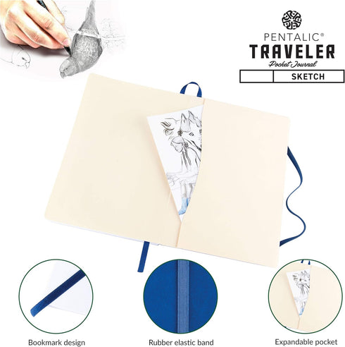 Pentalic 6" x 8" Royal Blue Pocket Sketchbook Traveler Journal, 160 Pages