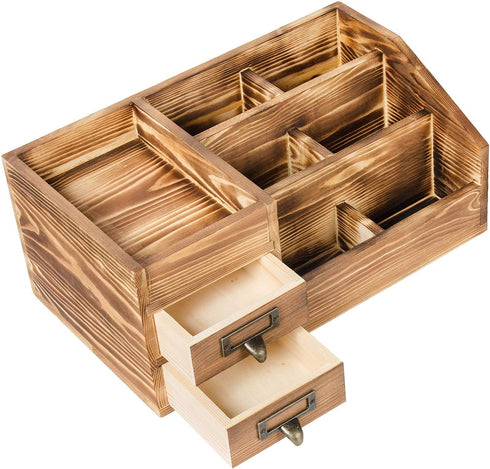 Liry Products Rustic Wooden Desktop Organizer, Brown Tabletop Storage Cabinet with 2 Tier Drawers, Multiple Compartments