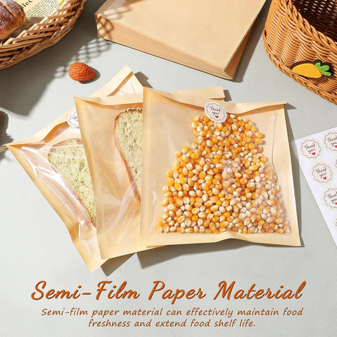 200 Packaging 19x18cm, 200pcs Small Kraft Paper Bread Bags with Window and Self-adhesive Seal, Food-grade Cookie