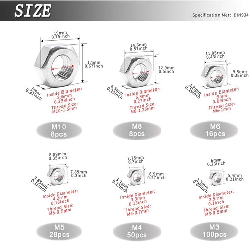 210PCS 304 Stainless Steel Hex Nuts Assortment Kit - 6 Sizes DIN 934 (M3 M4 M5 M6 M8 M10) for Professionals, Repairmen,