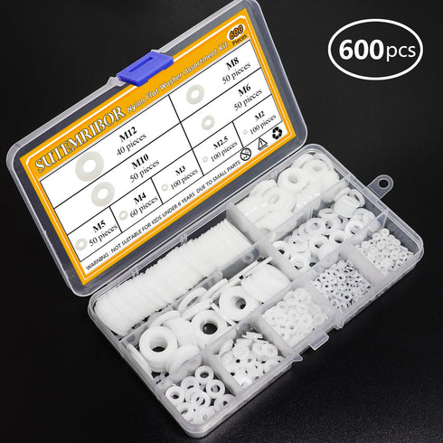 Nylon Flat Washer Assortment Set – 600 Pieces, 9 Sizes - M2 M2.5 M3 M4 M5 M6 M8 M10 M12