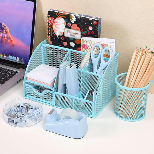 Set, 1000pcs SKYDUE Blue Office Supplies Office Desk Accessories, Mesh Desk Organizer, Stapler, Tape Dispenser