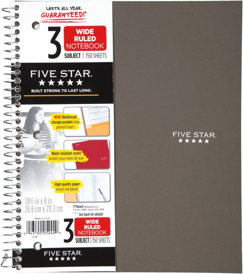 Five Star Spiral Notebooks, 3 Subject, Wide Ruled, 150 Sheets, 10-1/2" x 8", Assorted Colors, 6 Pack (73449)
