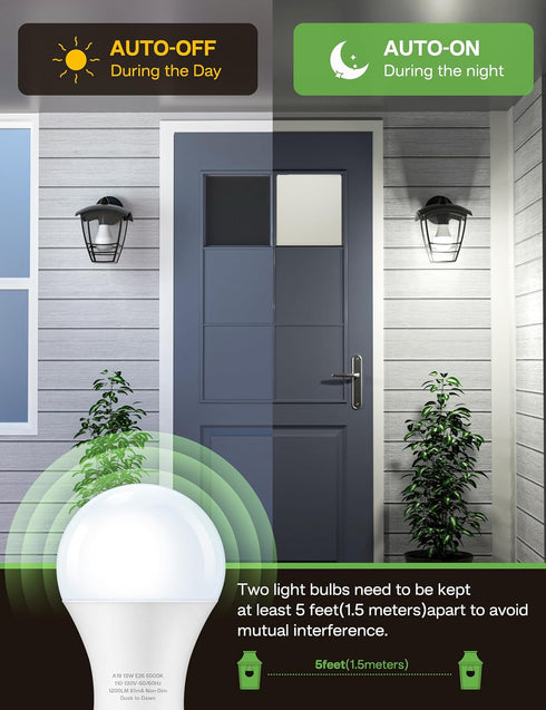 Dusk to Dawn Sensor LED Outdoor Light Bulb, A19 13W (100 Watt Equivalent), Daylight White 5000K, 1200LM, 4-Pack