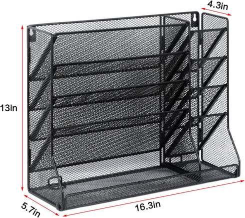 Wall Mounted 4 Tier File Organizer, Durable Adjustable Metal Vertical Hanging with 4 Pen Slots for Office, Black