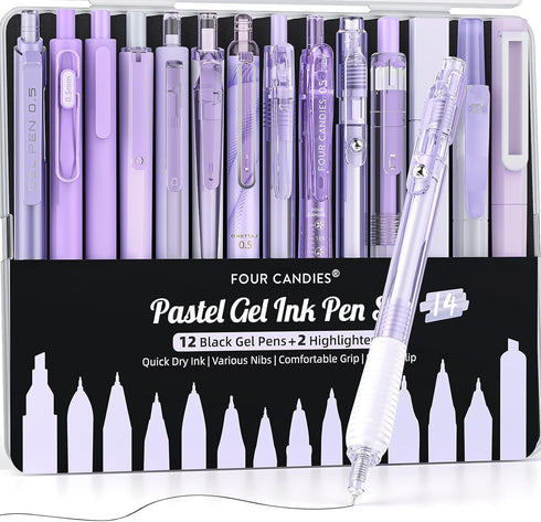 Four Candies 14Pack Pastel Gel Ink Pen Set, Cute 0.5mm Fine Point Pens, 12 Pack Black Ink with 2 Highlighters