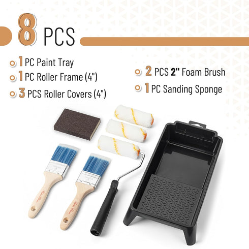 4 Inch 8 1x 1x 4", 3X 4", 2X 2", 1x Bates- Paint Roller Kit, pcs, Plastic Paint Tray, Roller Frame Microfiber Covers