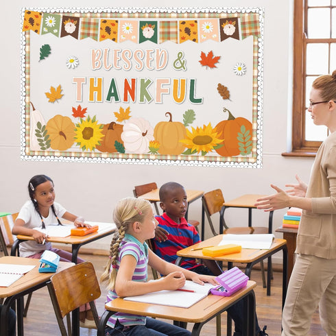 Fall Bulletin Board Decorations, Thanksgiving Pumpkin Classroom Decor, Autumn Leaves Blessed Thankful Paper Cutouts