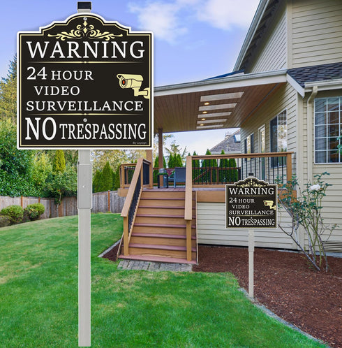 (2Pack) 36" 12 12 Inches 40Mil Large Video Surveillance Sign, No Trespassing Warning Sign, With Long Stake x Thick