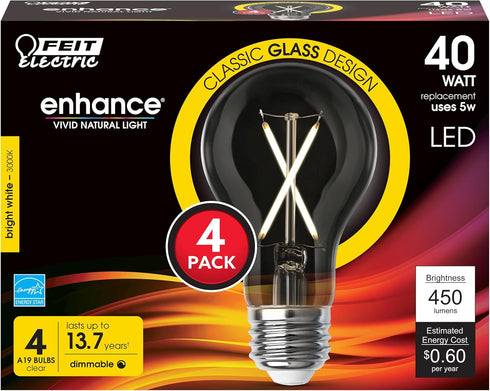 Feit Electric LED Clear A19 Medium Base Light Bulb - 40W Equivalent - 15 Year Life - 450 Lumen - 3000K Bright White - Dimmable | 4-Pack by Feit Electric