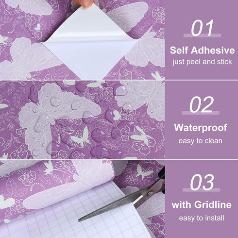 Purple Butterfly Floral Wallpaper - Peel and Stick Violet Flower Removable DIY Contact Paper for Decorative Walls