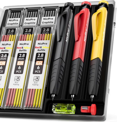Nicpro 3 Pack Carpenter Pencil Set, Mechanical Woodworking Pencils with Sharpener & 39 Refills