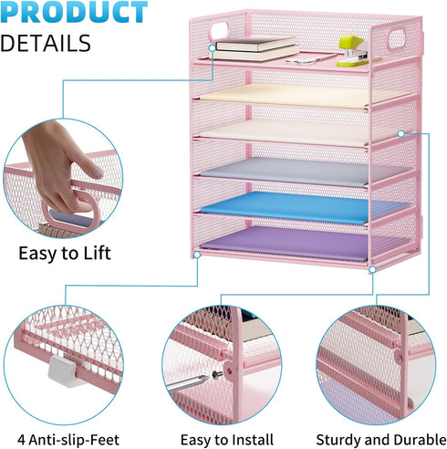 Marbrasse 6 Tier Paper Organizer Letter Tray, Mesh Desk File Organizer with Handle for Letter/A4 Office Files, Pink