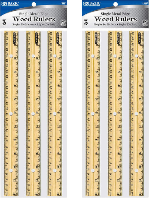 BAZIC Wooden Ruler 12" (30cm) - Single Metal Edge Measuring Drafting Rulers for Students, 2-Packs