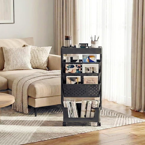 5-Tier BYFU Movable Bookshelf Cart, Rolling File Paper Storage Organizer Mobile Bookcase with Wheels for Home Office