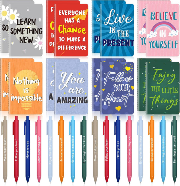 Funrous 32 Pcs Mini Motivational Journal Gift Set with Inspirational Notepads, Ballpoint Pen, Small Notebooks for