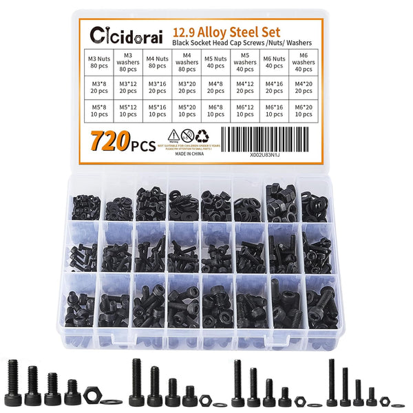 720Pcs M3 M4 M5 M6 12.9 Grade Alloy Steel Hex Socket Head Cap Screws Bolts, Black Oxide Finish Assortment Kit