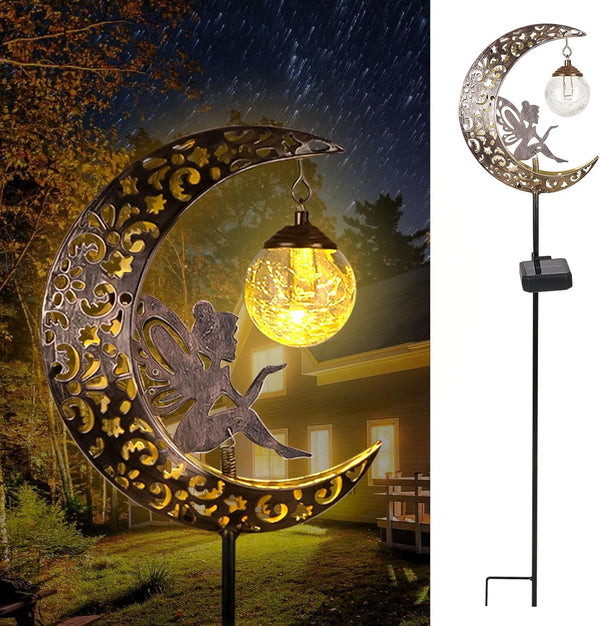 Solar Garden Lights Outdoor Decor,Moon Fairy Crackle Glass Lights,Waterproof Warm White LED