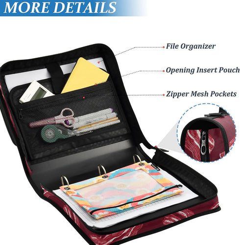 Fisyme 3 Red Bacons Retro Zipper Binder Ring with Zipper and Shoulder Strap Large Capacity Multi-Pocket Binder
