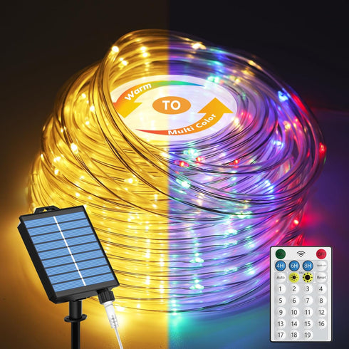 ICRGB Solar Rope Lights Outdoor, 66Ft 200LED 1800mAh Christmas String Lights with